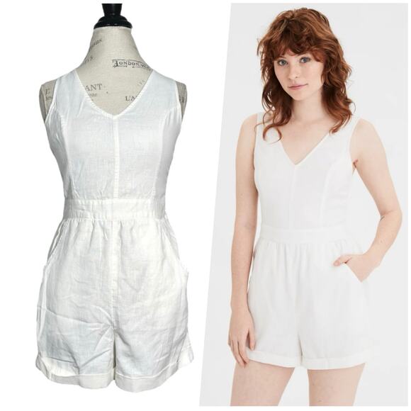 American Eagle | Women | White V-Neck Linen Blend Crossover Short Romper | Small - Picture 1 of 13